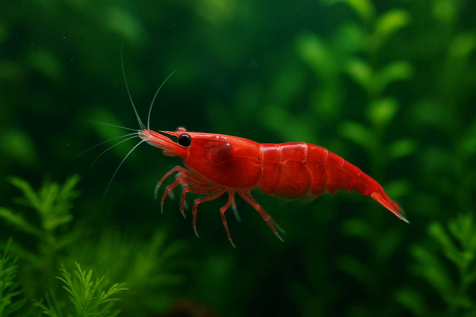 red cherry shrimp swimming in an aquarium filled with plants